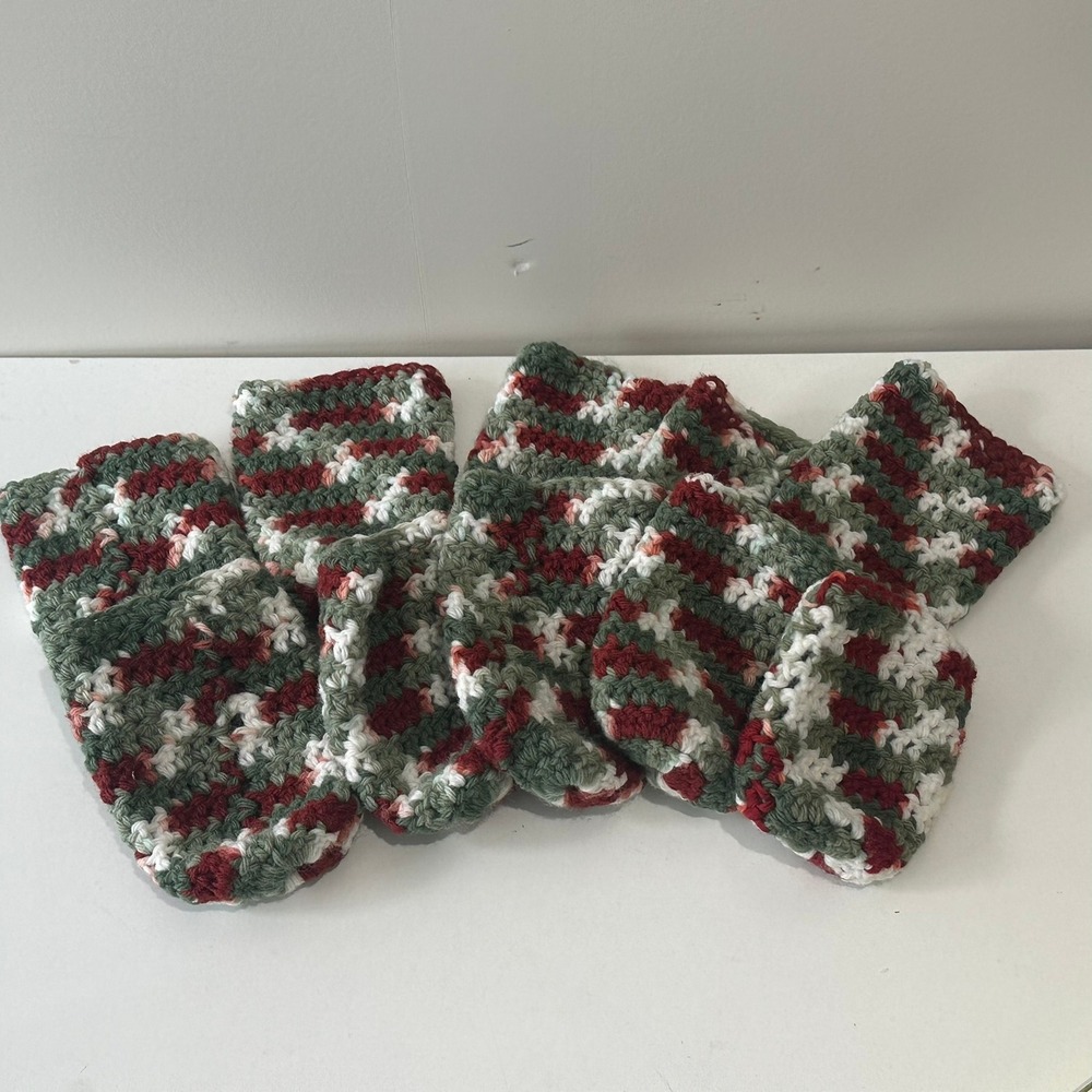 Handmade‎ Crochet Coasters Set of 10 Christmas Holiday Green Red White